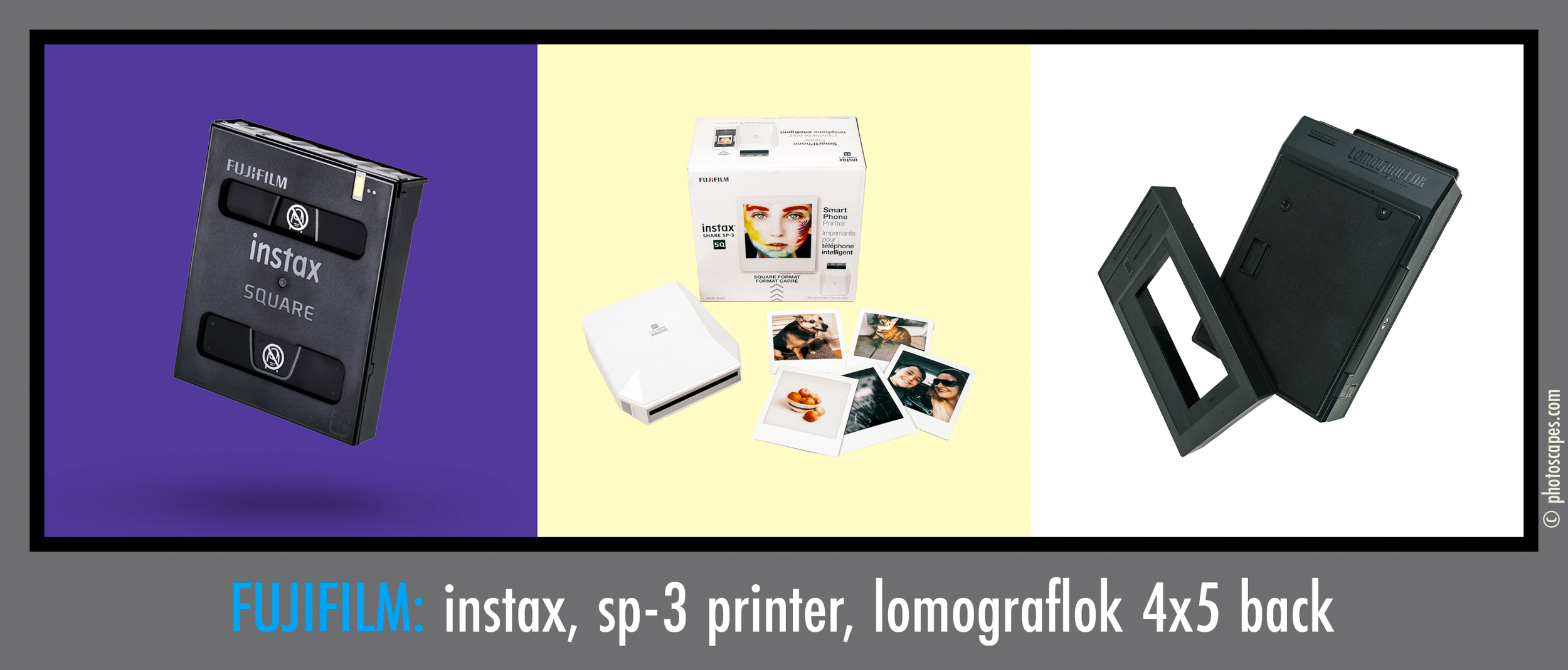 FUJIFILM INSTAX SQUARE + INSTAX SP-3 PRINTER + LOMOGRAFLOK 4x5 INSTANT BACK