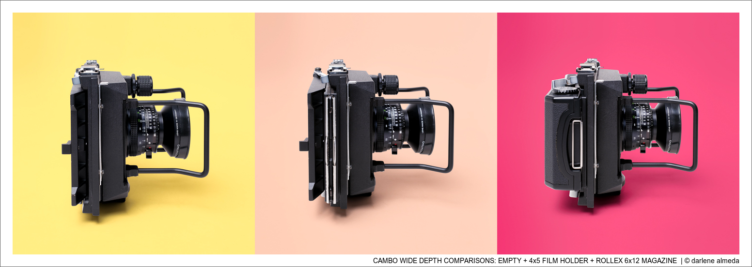 CAMBO WIDE DEPTH COMPARISONS: EMPTY + 4x5 FILM HOLDER + ROLLEX 6x12 MAGAZINE 
